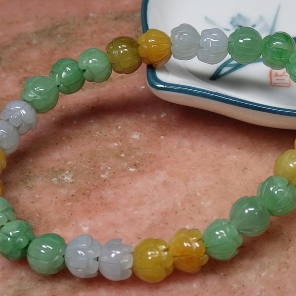 Certified 3 Color Natural A JADE Jadeite Lotus Flower Beads Bangle Bracelet - Picture 3 of 9